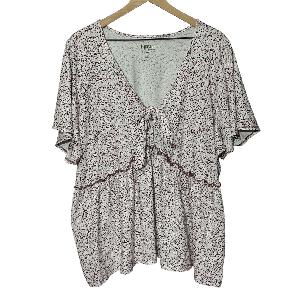 Torrid Heritage Jersey V-Neck Tie Front Top Blossom Floral 100% Cotton 3X NEW - Picture 2 of 9